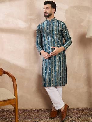 Men turquoise blue silk blend abstract printed straight kurta with trouser 3