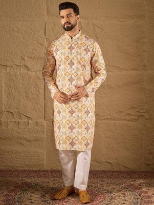 Men white silk blend geometric embroidered straight kurta 2