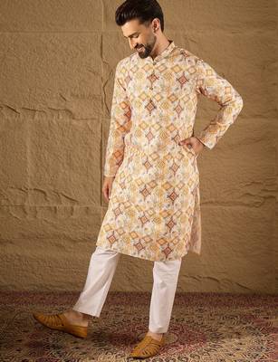 Men white silk blend geometric embroidered straight kurta 3