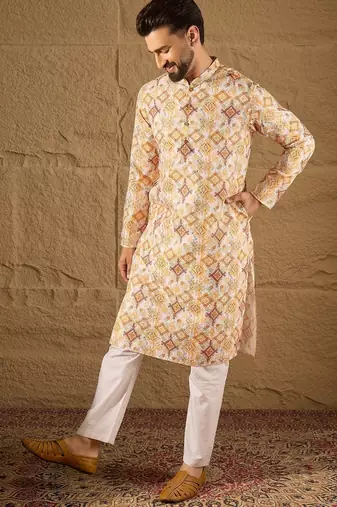 Men white silk blend geometric embroidered straight kurta