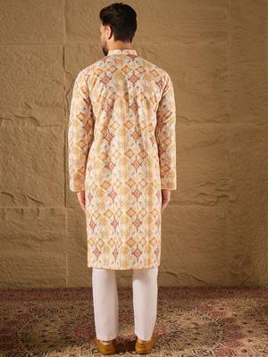 Men white silk blend geometric embroidered straight kurta 4