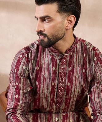 Men maroon silk blend abstract printed straight kurta with trouser 1