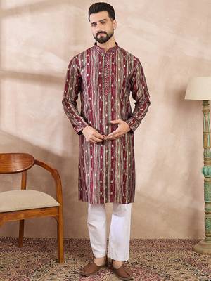 Men maroon silk blend abstract printed straight kurta with trouser 2
