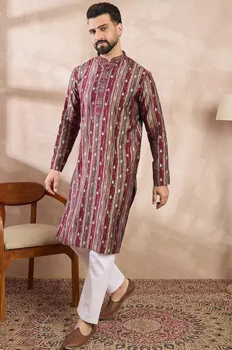 Men maroon silk blend abstract printed straight kurta with trouser