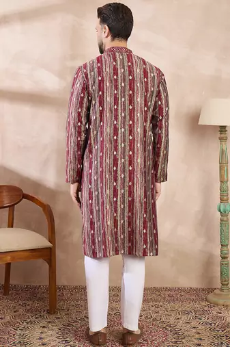Men maroon silk blend abstract printed straight kurta with trouser