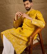 Men yellow verican solid embroidered straight kurta