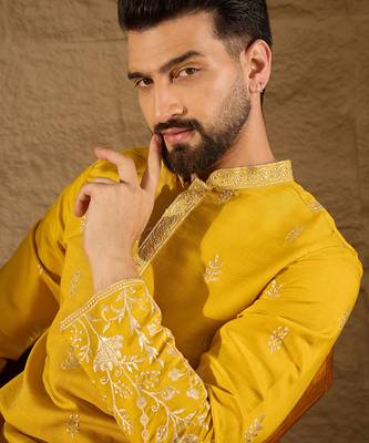 Men yellow verican solid embroidered straight kurta 2