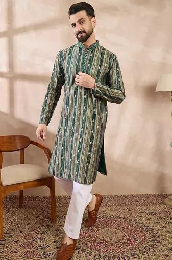 Men green silk blend abstract printed straight kurta with trouser
