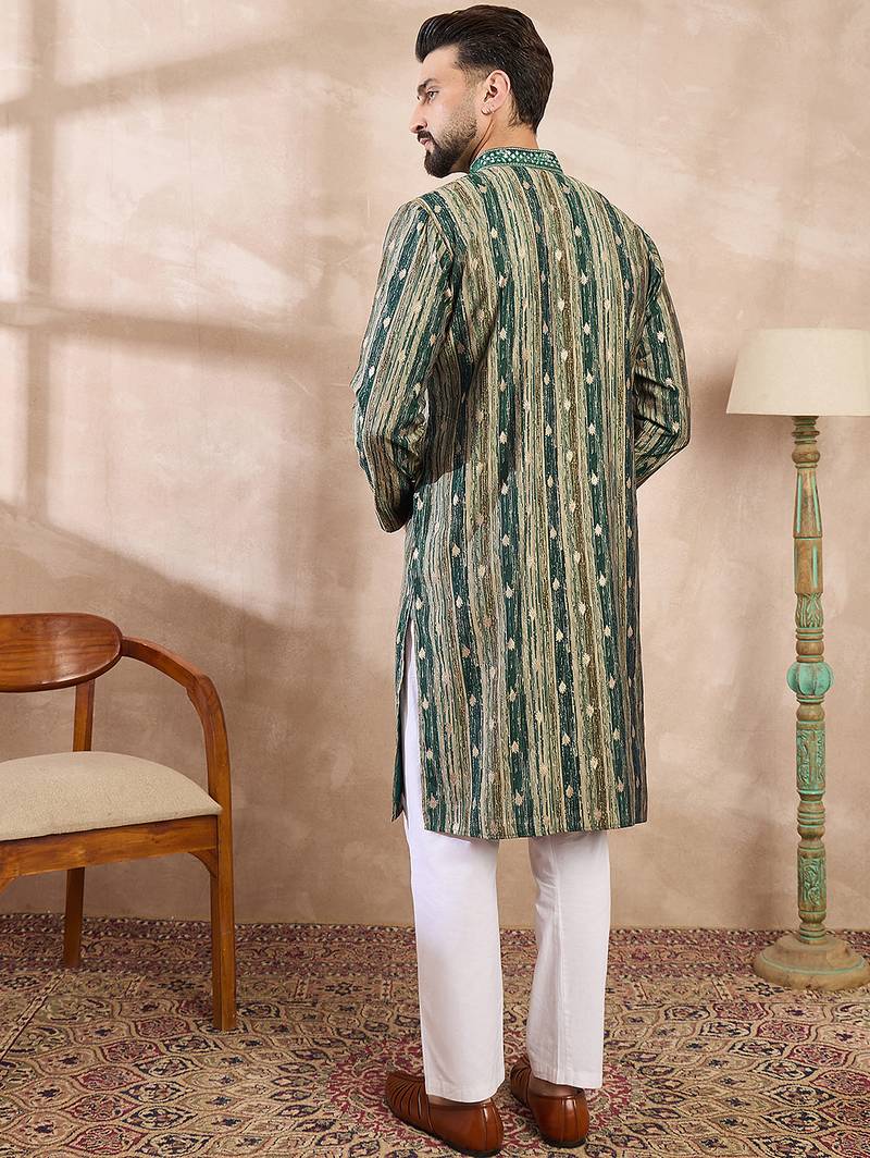 Men green silk blend abstract printed straight kurta with trouser