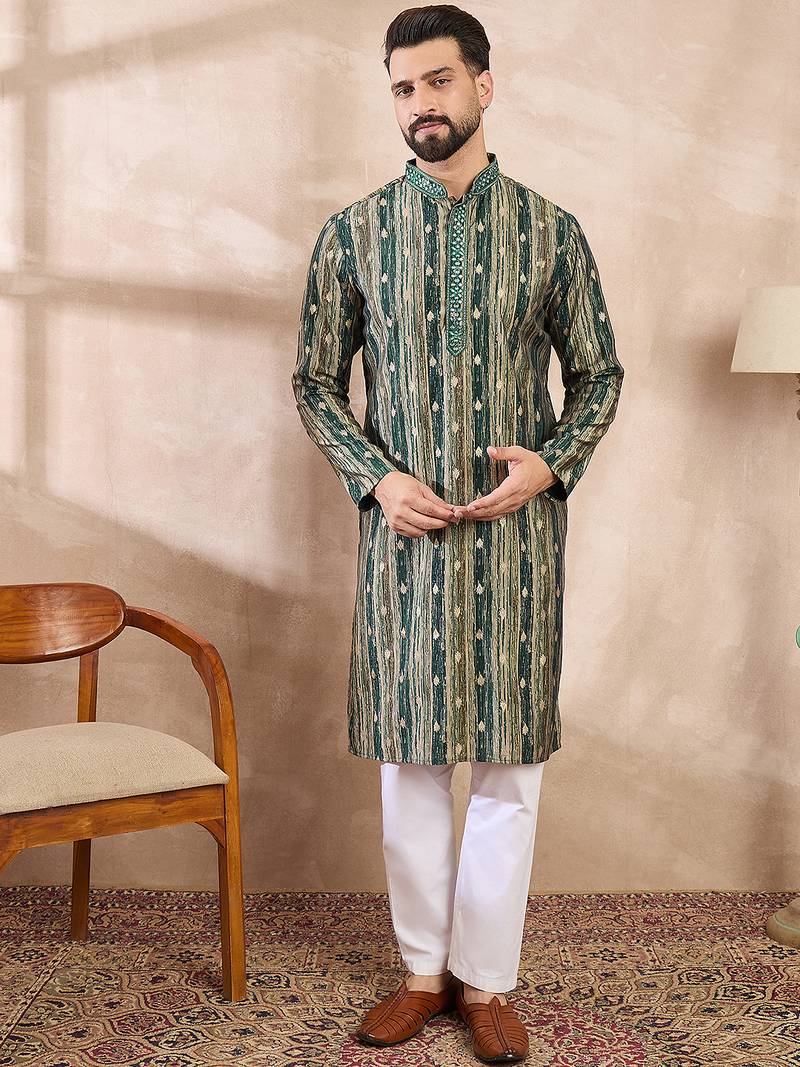 Men green silk blend abstract printed straight kurta with trouser