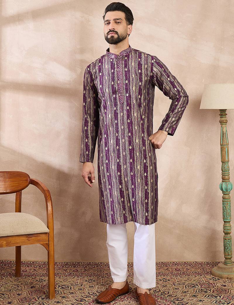 Men purple silk blend abstract printed straight kurta with trouser