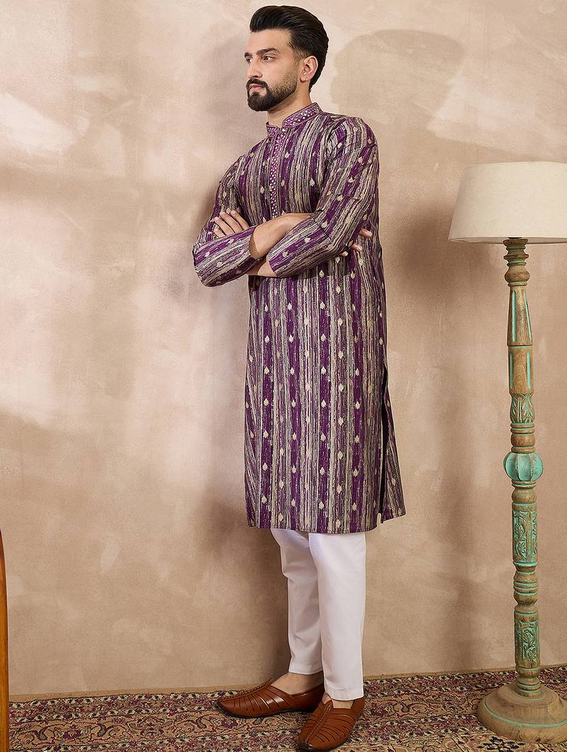 Men purple silk blend abstract printed straight kurta with trouser