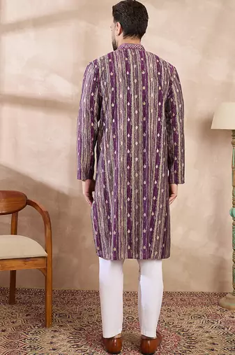 Men purple silk blend abstract printed straight kurta with trouser