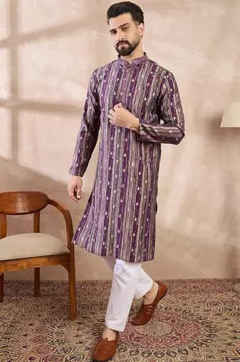 Men purple silk blend abstract printed straight kurta with trouser