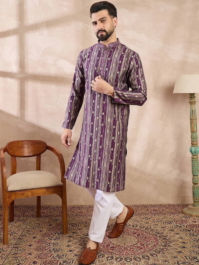 Men purple silk blend abstract printed straight kurta with trouser