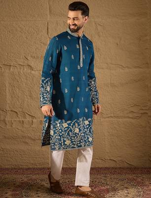 Men blue vertican solid embroidered straight kurta 5