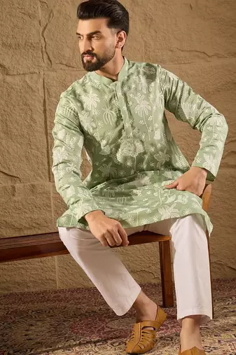 Men green chanderi silk embroidered straight kurta