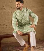 Men green chanderi silk embroidered straight kurta