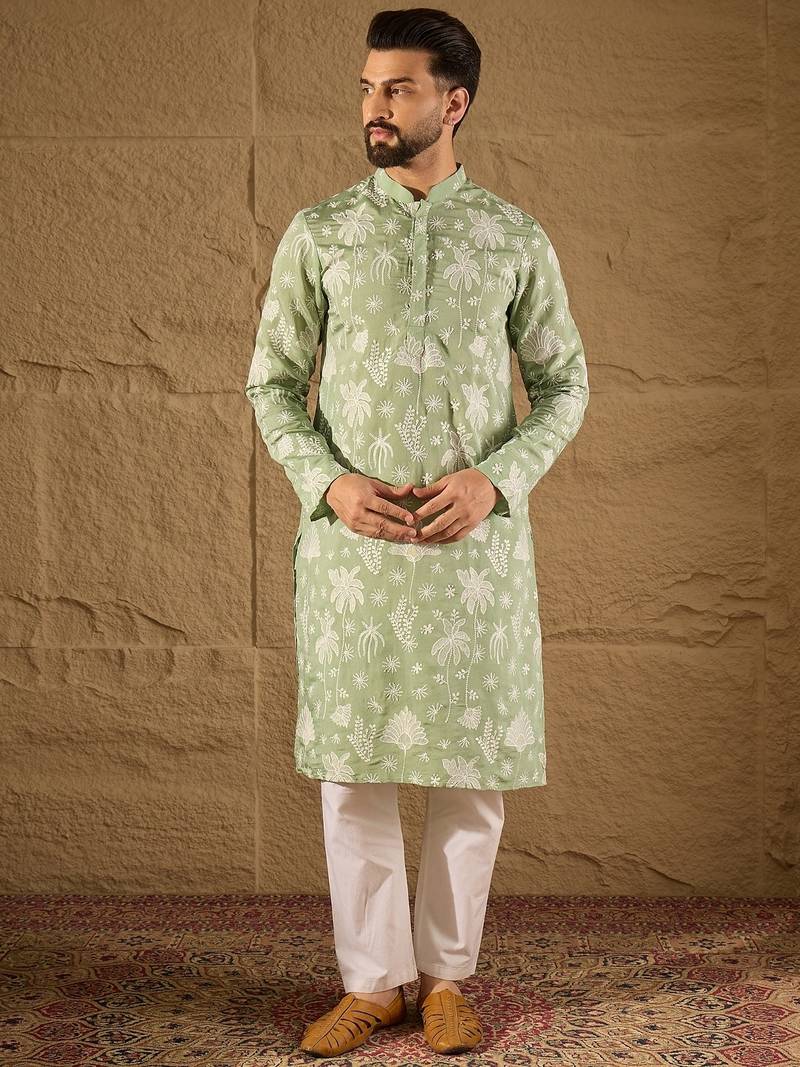 Men green chanderi silk embroidered straight kurta