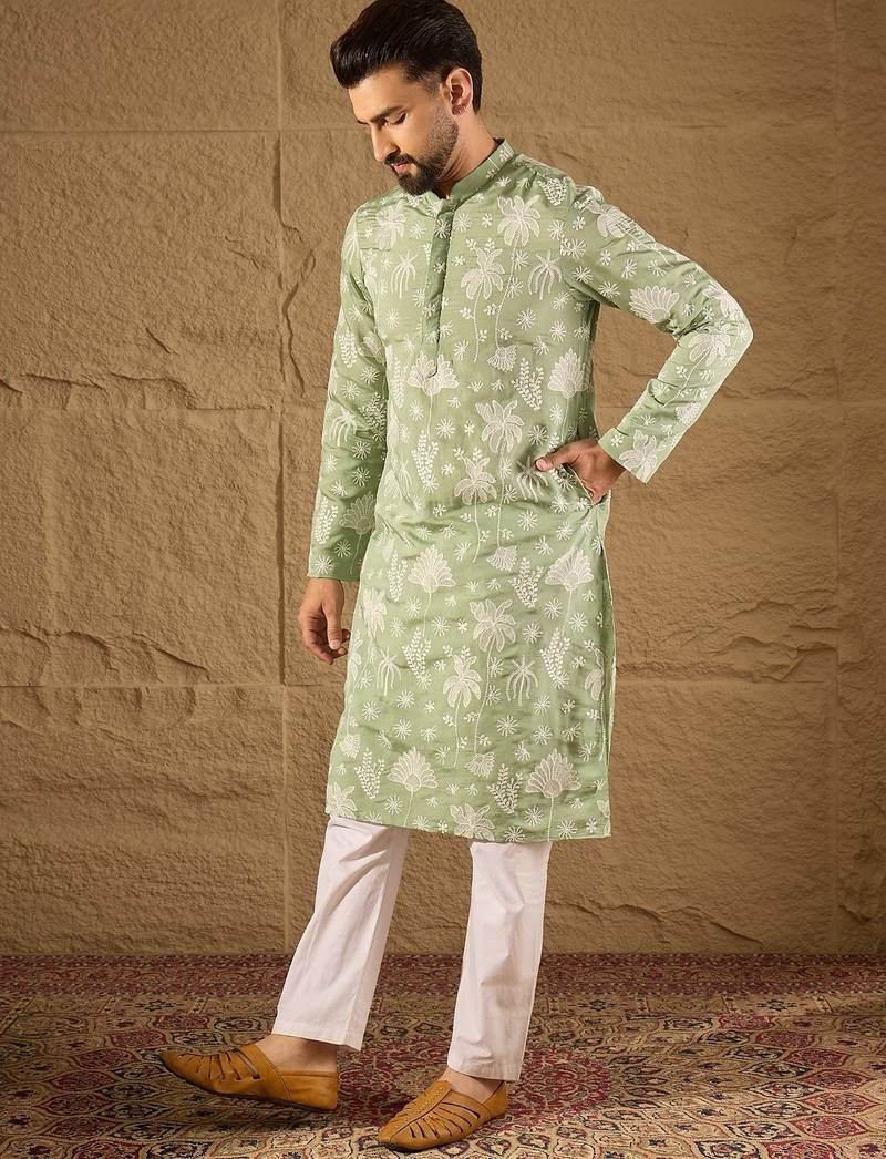 Men green chanderi silk embroidered straight kurta