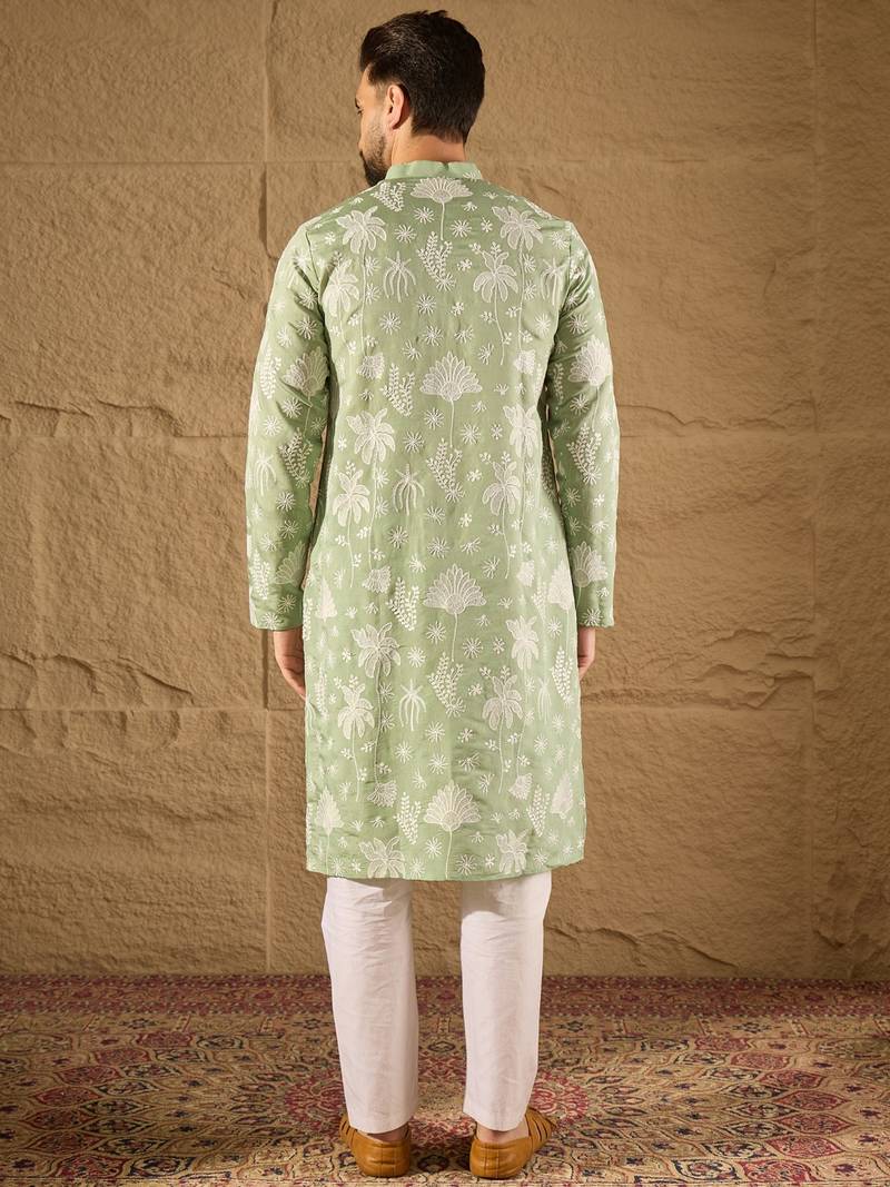 Men green chanderi silk embroidered straight kurta