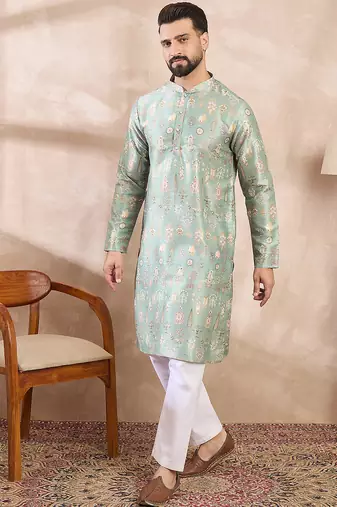 Men green silk blend floral printed straight kurta with trouser