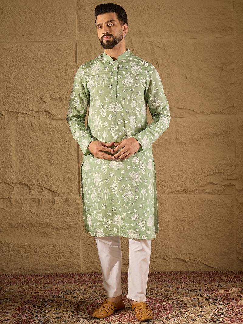 Men green chanderi silk embroidered straight kurta