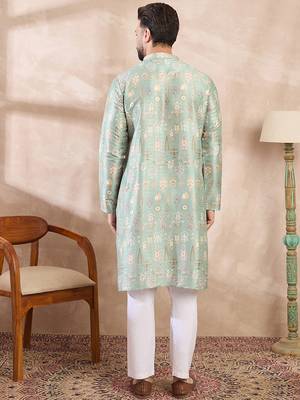 Men green silk blend floral printed straight kurta with trouser 4