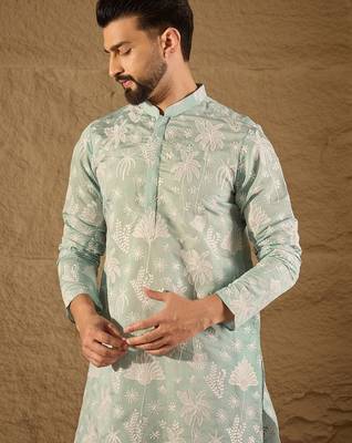 Men blue chanderi silk embroidered straight kurta 2