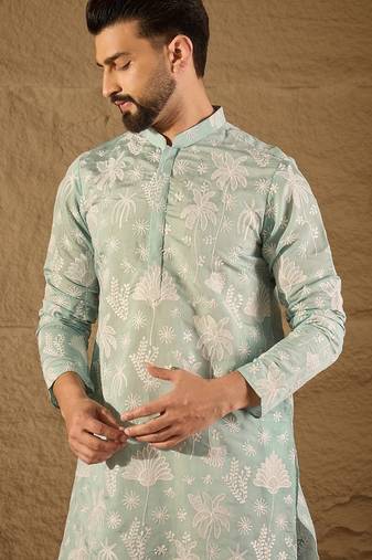 Men blue chanderi silk embroidered straight kurta