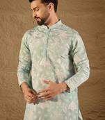 Men blue chanderi silk embroidered straight kurta
