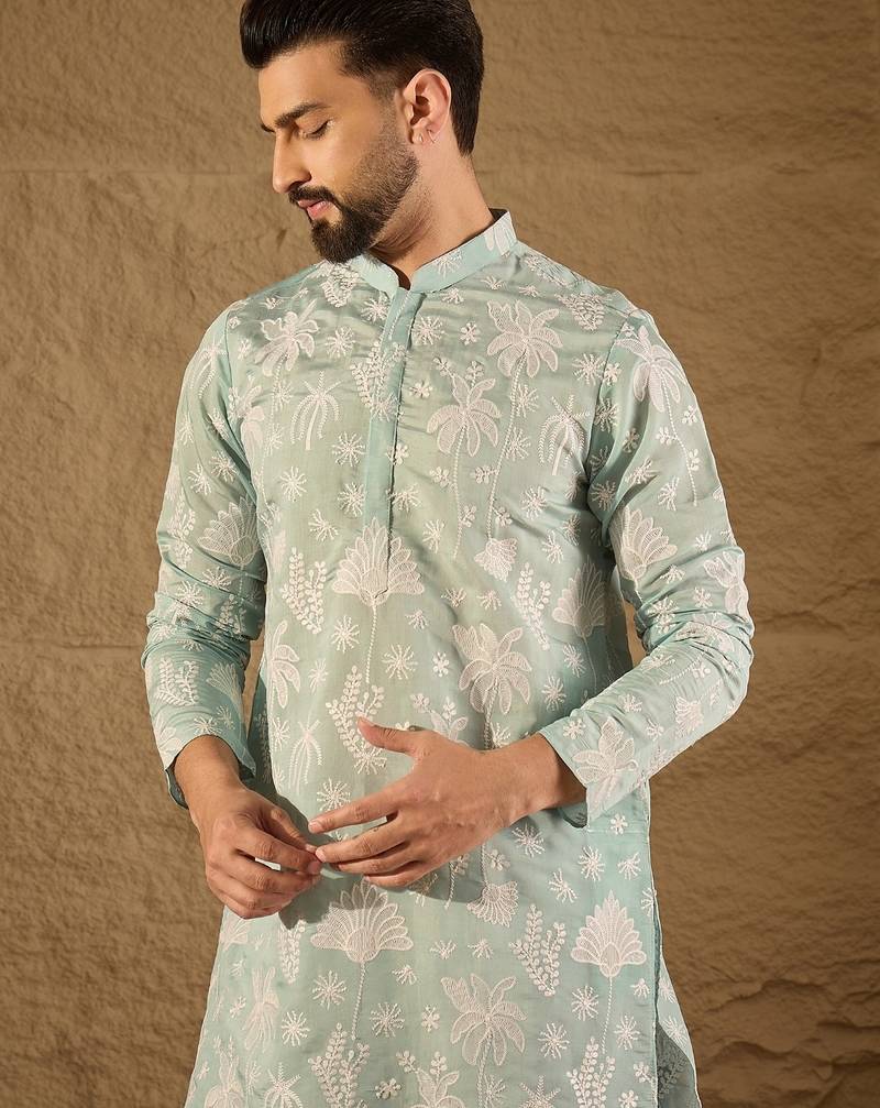 Men blue chanderi silk embroidered straight kurta