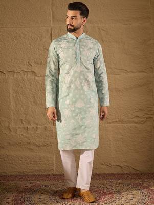 Men blue chanderi silk embroidered straight kurta 1
