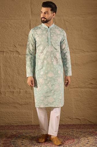 Men blue chanderi silk embroidered straight kurta