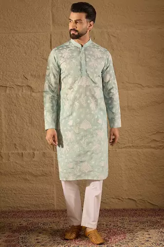 Men blue chanderi silk embroidered straight kurta