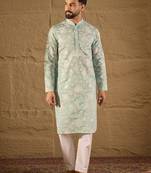 Men blue chanderi silk embroidered straight kurta