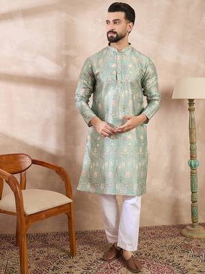 Men green silk blend floral printed straight kurta with trouser 5