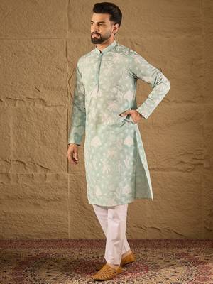 Men blue chanderi silk embroidered straight kurta 3