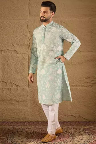 Men blue chanderi silk embroidered straight kurta