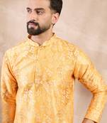 Men yellow silk blend ethnic motifs printed straight kurta with trouser