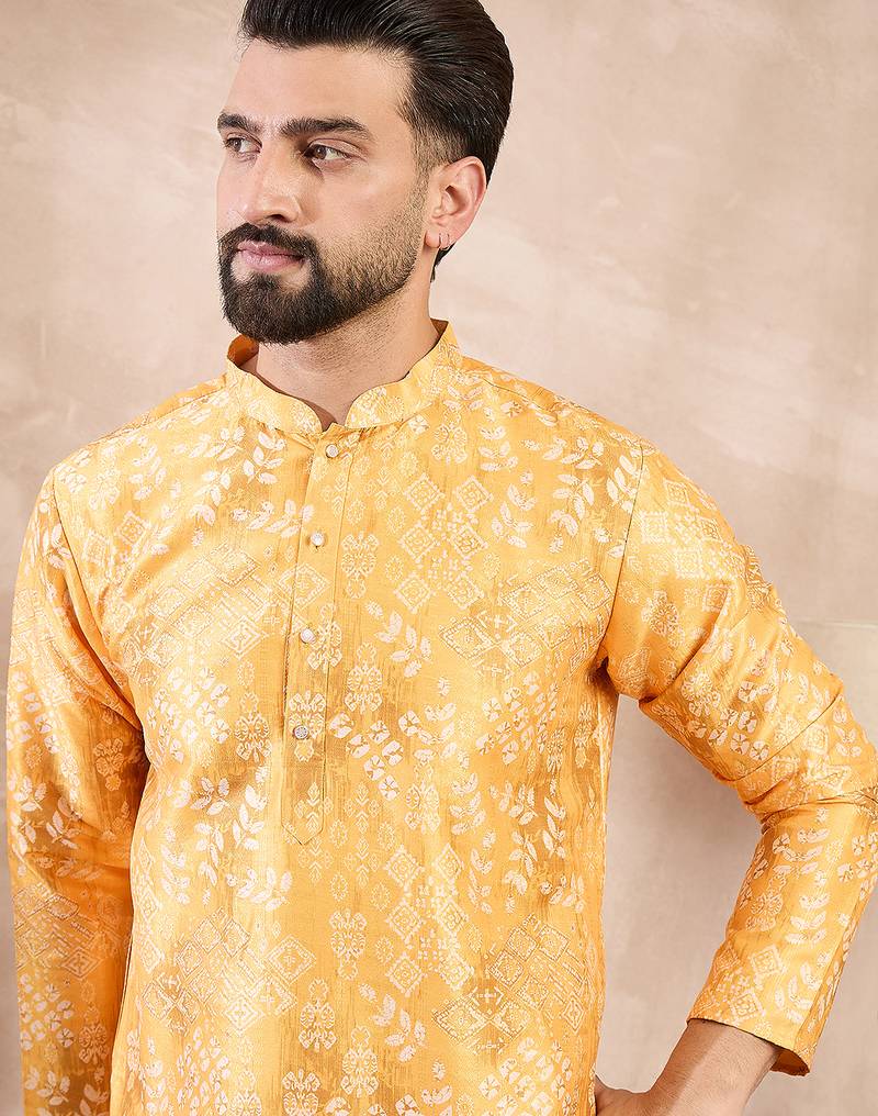 Men yellow silk blend ethnic motifs printed straight kurta with trouser