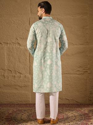 Men blue chanderi silk embroidered straight kurta 4