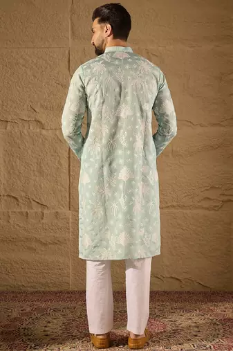 Men blue chanderi silk embroidered straight kurta