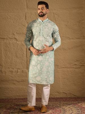 Men blue chanderi silk embroidered straight kurta 5