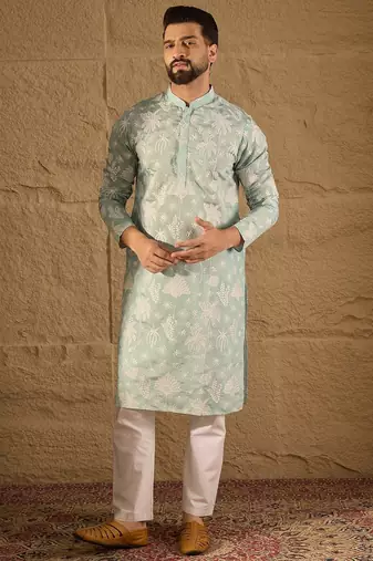 Men blue chanderi silk embroidered straight kurta