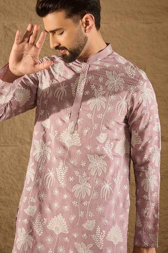 Men lavender chanderi silk embroidered straight kurta