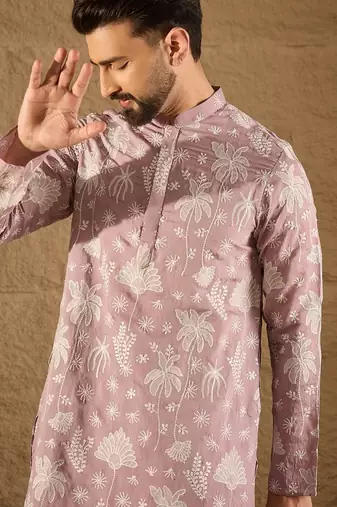Men lavender chanderi silk embroidered straight kurta