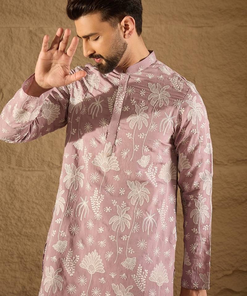 Men lavender chanderi silk embroidered straight kurta