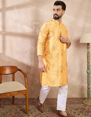 Men yellow silk blend ethnic motifs printed straight kurta with trouser 3