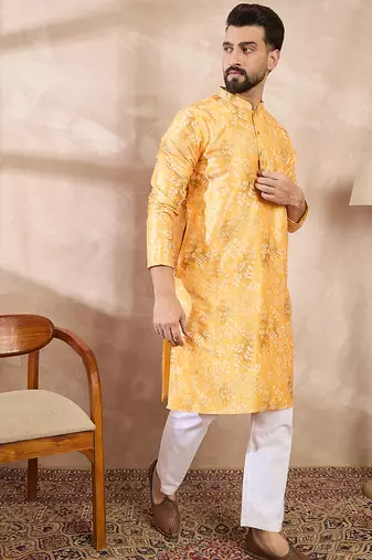 Men yellow silk blend ethnic motifs printed straight kurta with trouser